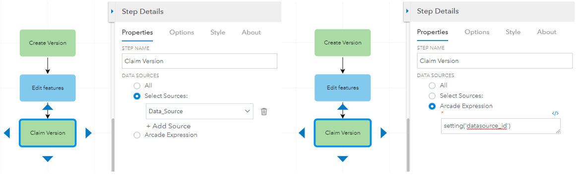 Selection and arcade methods for selecting datasources in the Step Details panel for the Claim Version step Selection and arcade methods for selecting datasources in the Step Details panel for the Claim Version step