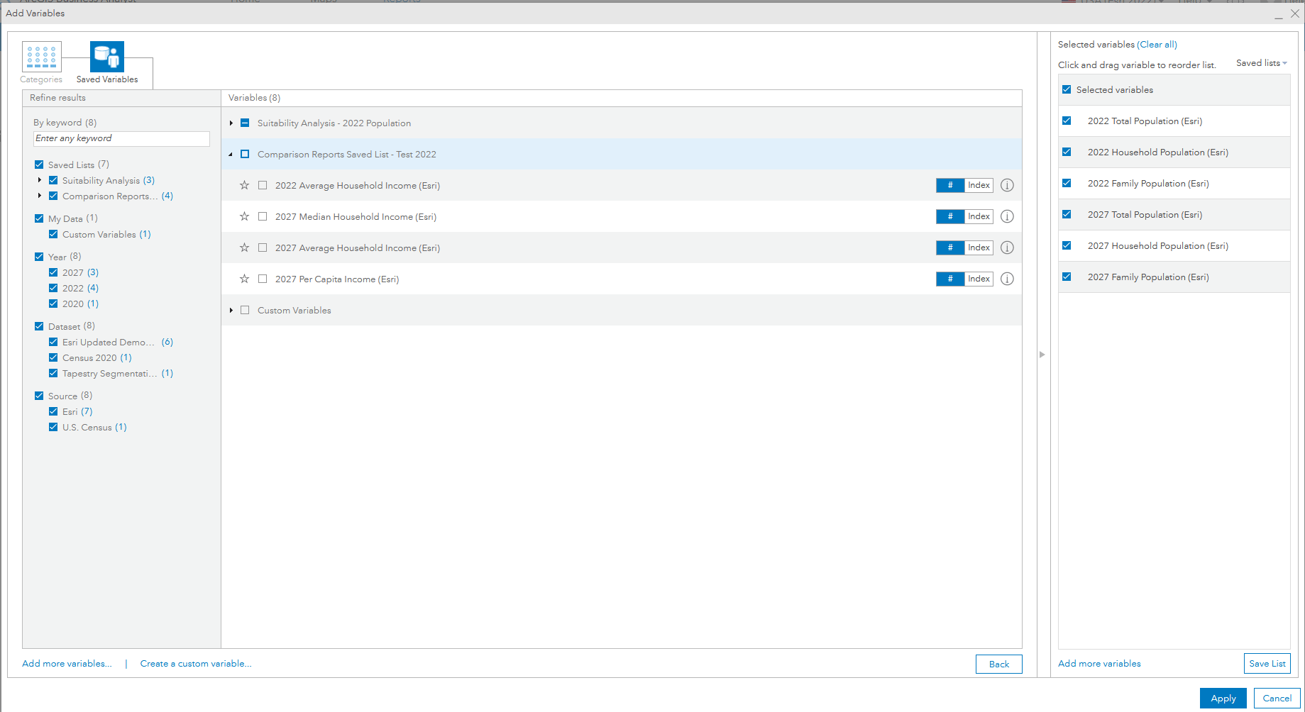 Comparison reports can contain custom and missing variables. Where possible, these are automigrated to the Esri 2022 data source.