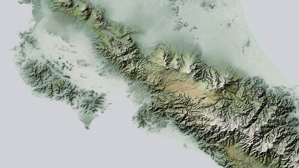 Terrain relief map of the area around Cost Rica