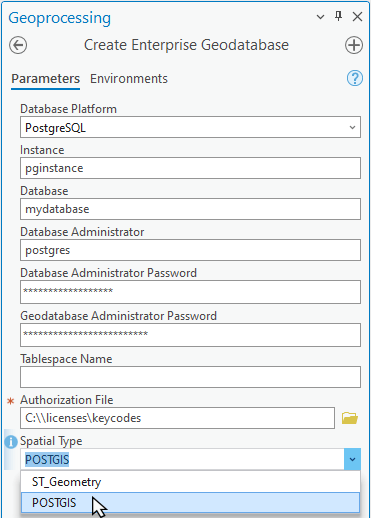 The Create Enterprise Geodatabase includes a Spatial Type option to create a geodatabase in PostgreSQL that uses only PostGIS. The Create Enterprise Geodatabase includes a Spatial Type option to create a geodatabase in PostgreSQL that uses only PostGIS.
