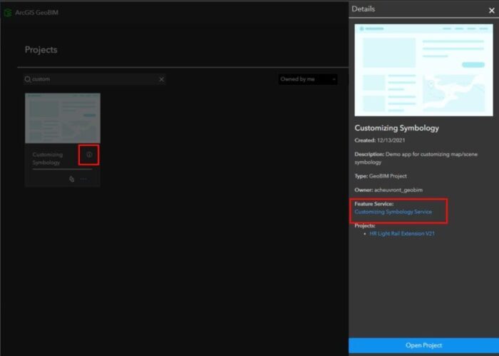 Using the project details card to access the feature service.