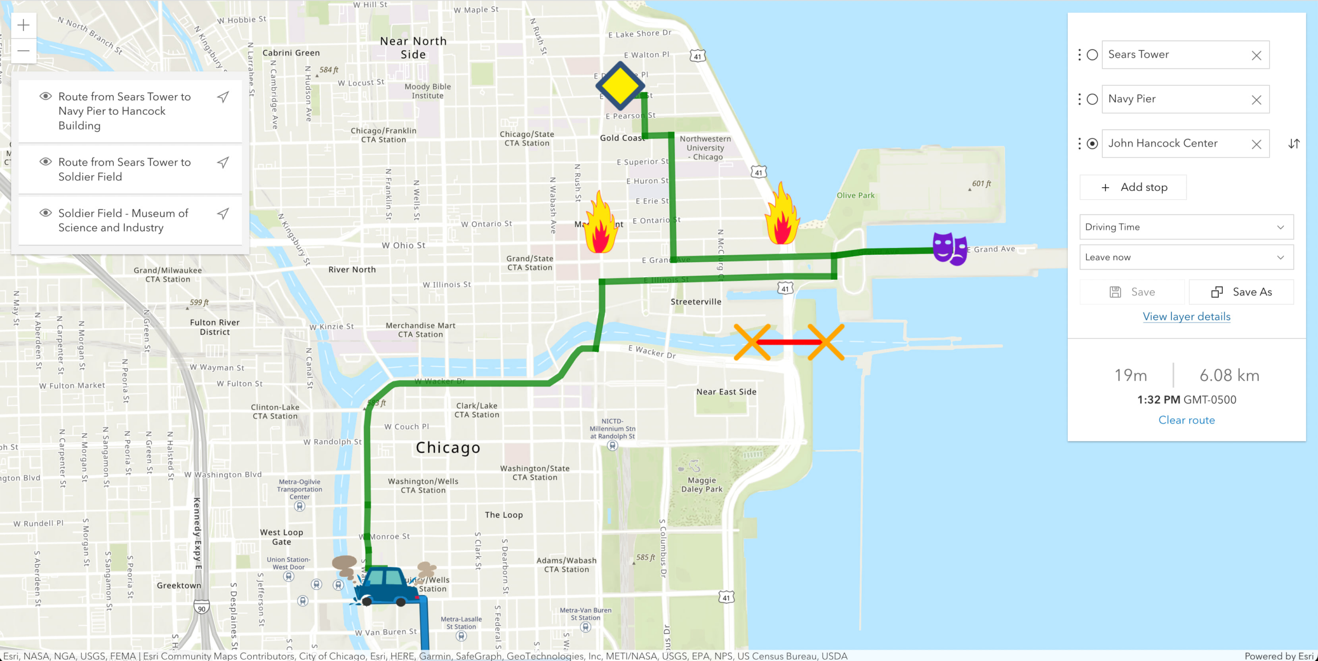 Directions widget with 3 RouteLayers, barriers, and LayerList widget