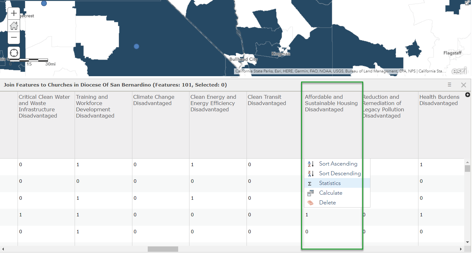 Clicking on a field shows options to sort, get statistics (highlighted), calculate, or delete.