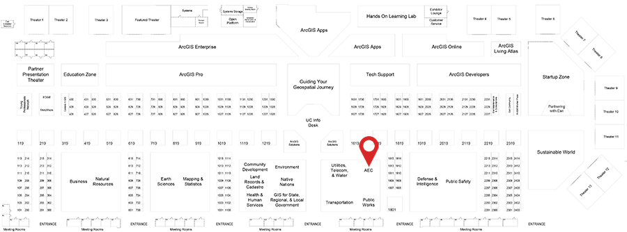 A floor plan map indicating the location of the AEC Showcase at the 2022 Esri User Conference.