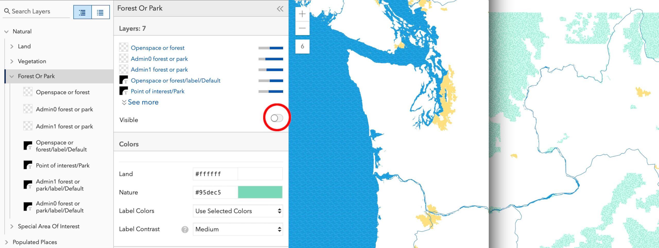 Style Editor page showing the removal of Forests and Parks Style Editor page showing the removal of Forests and Parks