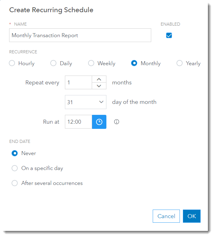 Schedule to create Monthly Transaction Report job at 12:00 p.m. the last day of every month. Schedule to create Monthly Transaction Report job at 12:00 p.m. the last day of every month.
