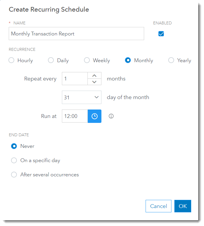 Schedule to create Monthly Transaction Report job at 12:00 p.m. the last day of every month.