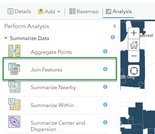 Perform Analysis -> Summarize Data -> Join Features highlighted in ArcGIS Online's Map Viewer Classic