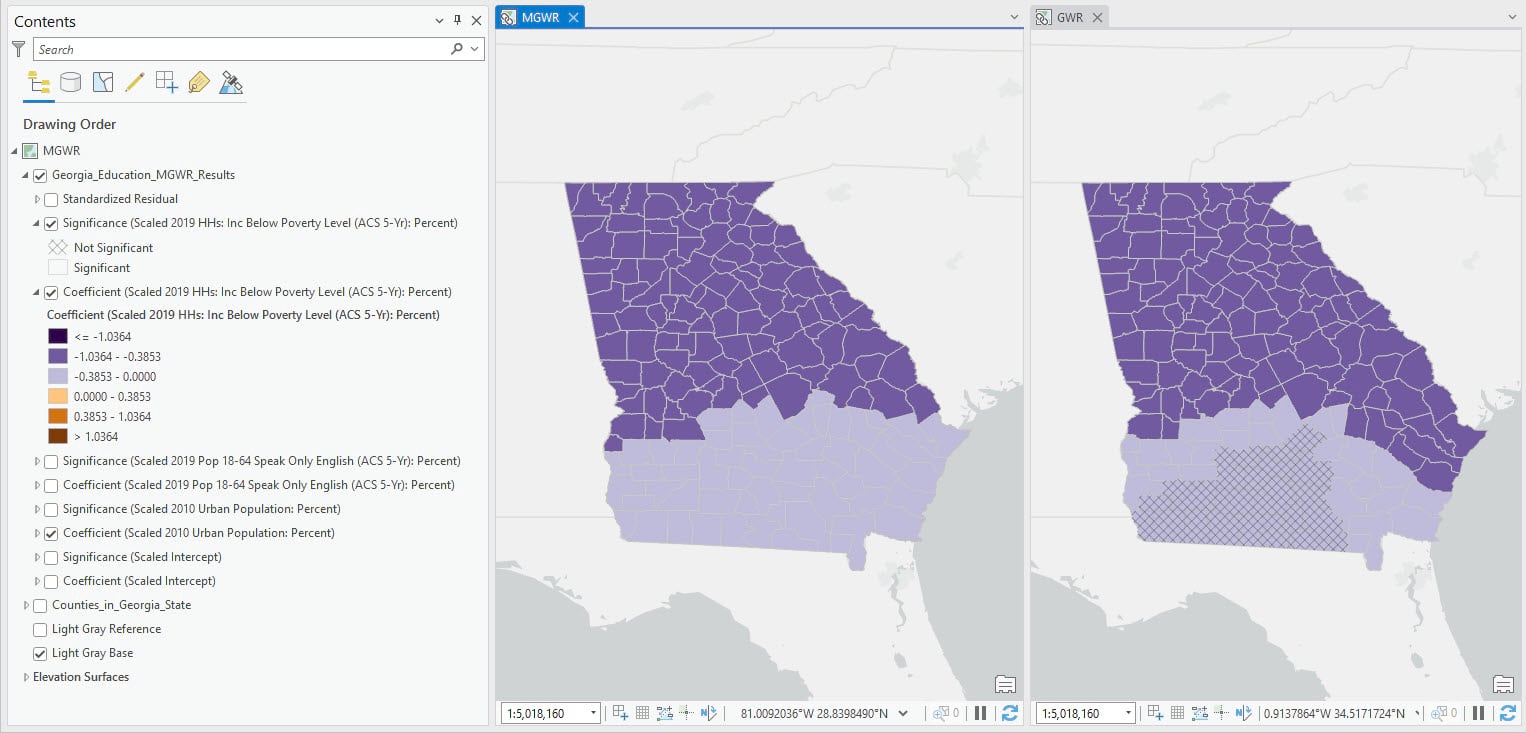 Coefficient and significance layers of "percentage of people living below the poverty level"