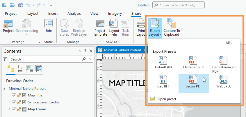 Picture of the ArcGIS Pro interface showing the export gallery for layout exports. 6 different export presets are visible.