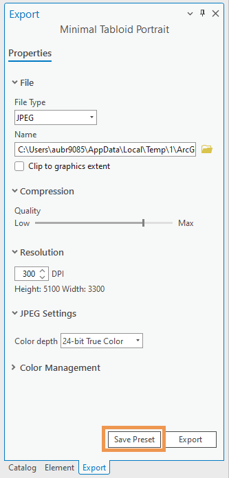The export pane for a layout in ArcGIS Pro. The Save Preset button at the bottom of the pane is highlighted. The export pane for a layout in ArcGIS Pro. The Save Preset button at the bottom of the pane is highlighted.