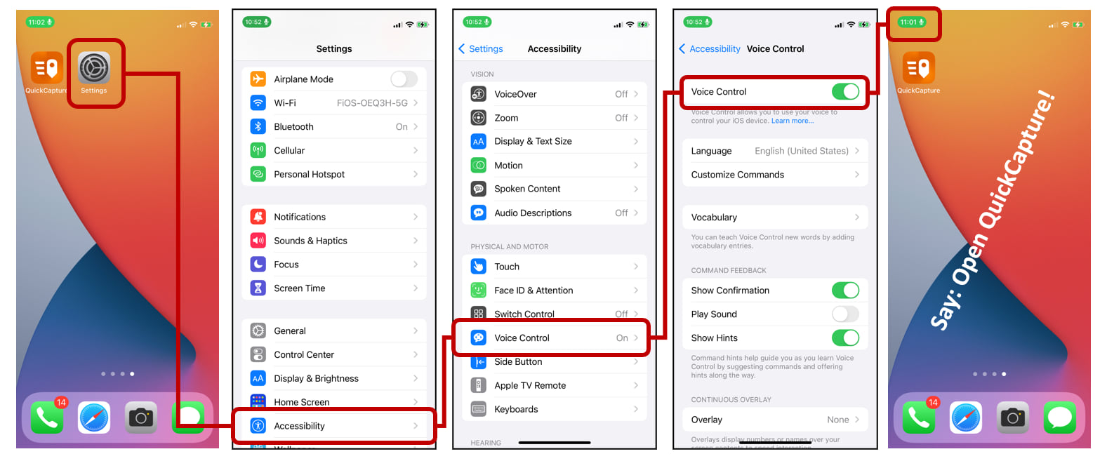 Follow instructions in this image to enable voice control in iOS