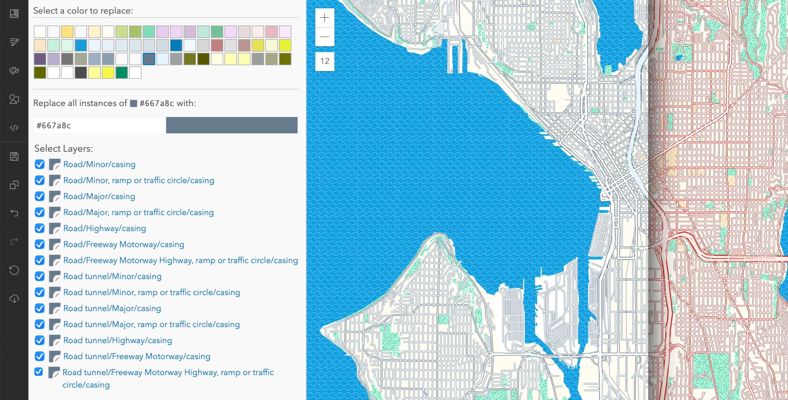 Enhanced Contrast map of part of Seattle, showing roads changed to a steel gray Enhanced Contrast map of part of Seattle, showing roads changed to a steel gray