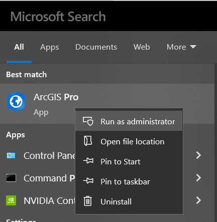 Run ArcGIS Pro as Admin Run ArcGIS Pro as Admin