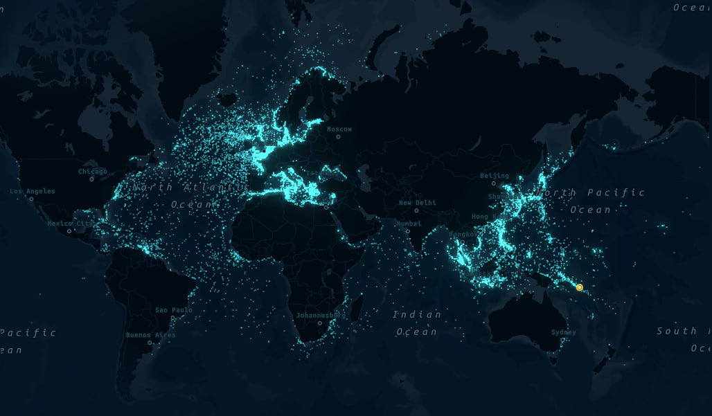 A static map depicting the known locations of every ship that sank during World War 2. Dots are visible nearly everywhere, but especially concentrated in the North Atlantic and Mediterranean and the western Pacific