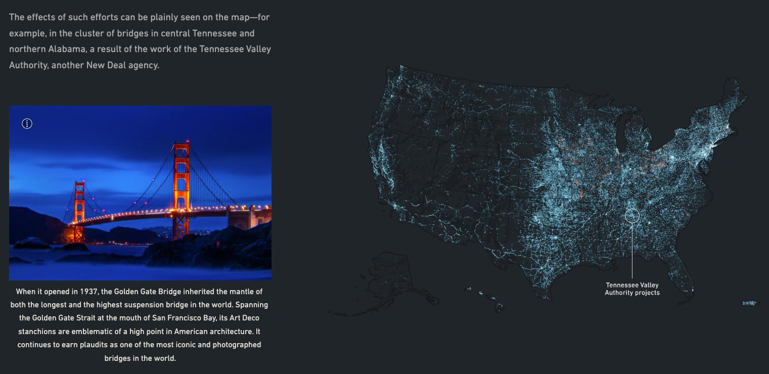 A screenshot of a slide in the Secret Life of Bridges story, showing a map of motor vehicle bridges built in the United States between 1900 and 1950, along with a photo of the Golden Gate Bridge