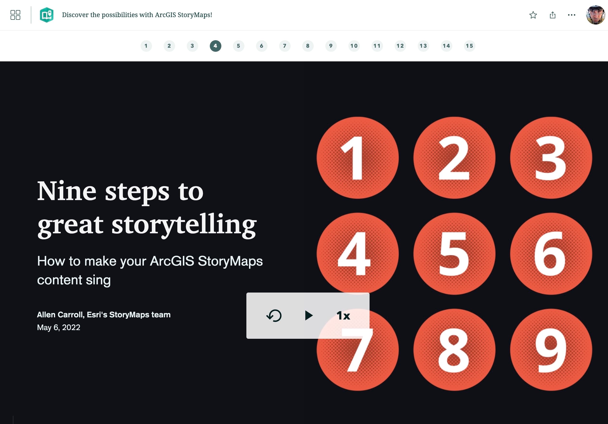 A StoryMap collection showing a floating autoplay control panel