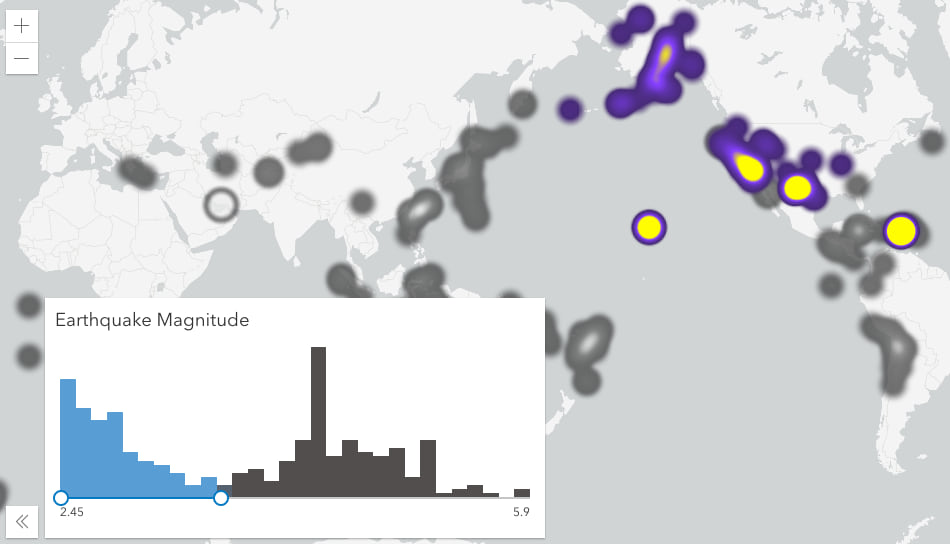 Earthquake density filtered by magnitude. Areas with a high density of small earthquakes are visualized in the full color ramp. Areas with a high density of large earthquakes are rendered in grayscale.