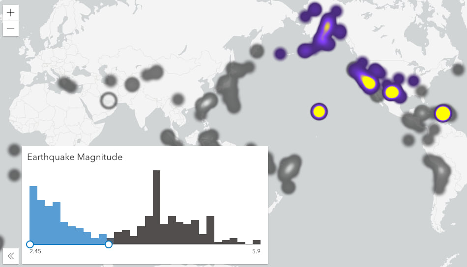 Earthquake density filtered by magnitude. Areas with a high density of small earthquakes are visualized in the full color ramp. Areas with a high density of large earthquakes are rendered in grayscale. Earthquake density filtered by magnitude. Areas with a high density of small earthquakes are visualized in the full color ramp. Areas with a high density of large earthquakes are rendered in grayscale.