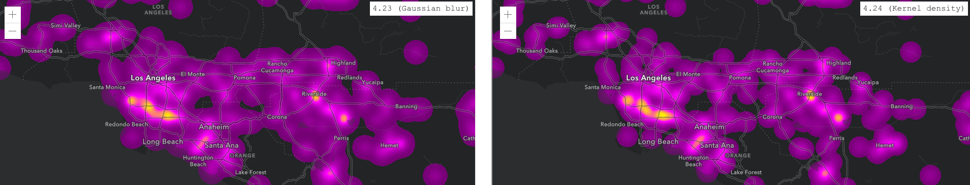 Heat map of car crashes in Los Angeles rendered using Gaussian blur (left). Heat map of the same variable rendered using kernel density (right). Internally, the JS API will attempt to keep the look and feel of heat maps consistent when upgrading to 4.24, even though it uses a different algorithm (kernel density) than prior versions (Gaussian blur). Heat map of car crashes in Los Angeles rendered using Gaussian blur (left). Heat map of the same variable rendered using kernel density (right). Internally, the JS API will attempt to keep the look and feel of heat maps consistent when upgrading to 4.24, even though it uses a different algorithm (kernel density) than prior versions (Gaussian blur).