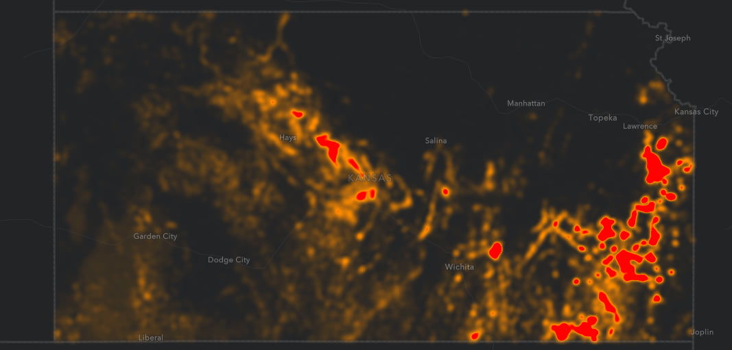 Density of oil and gas wells in Kansas. Heat maps communicate spatial patterns and densities more clearly than simple point renderers. Density of oil and gas wells in Kansas. Heat maps communicate spatial patterns and densities more clearly than simple point renderers.