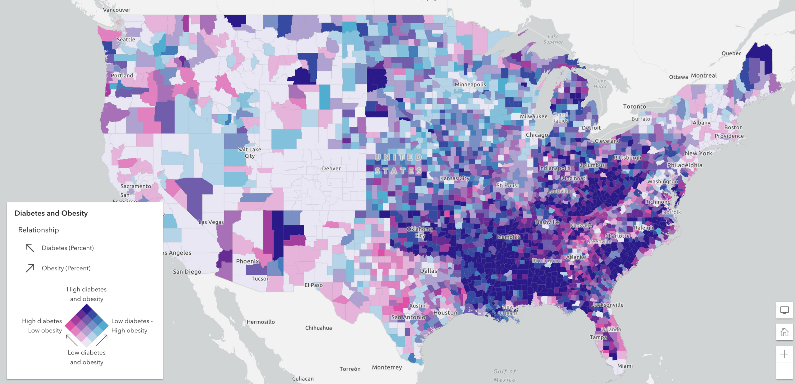 Bivariate map of obesity and diabetes Bivariate map of obesity and diabetes