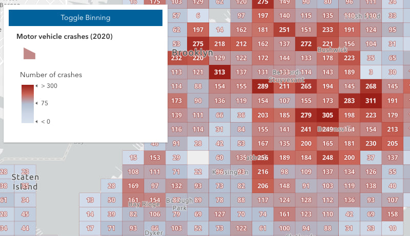 Motor vehicle accidents in New York City binned at level 6.