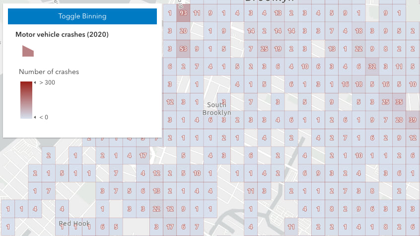 Motor vehicle accidents in New York City binned at level 7. Without updating the renderer defined at level 6, the colors will wash out making the density of crashes not easily visible.