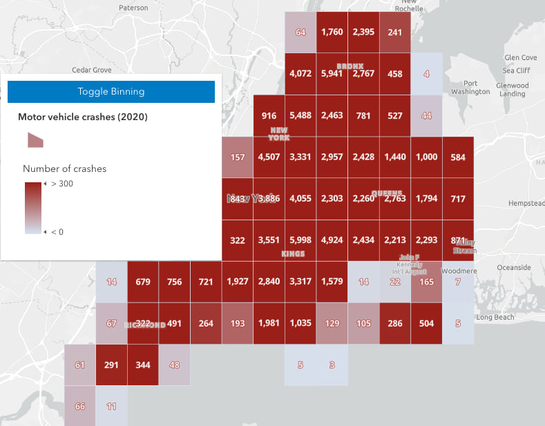 Motor vehicle accidents in New York City binned at level 5. Without updating the renderer defined at level 6, the deep colors will oversaturate the map.