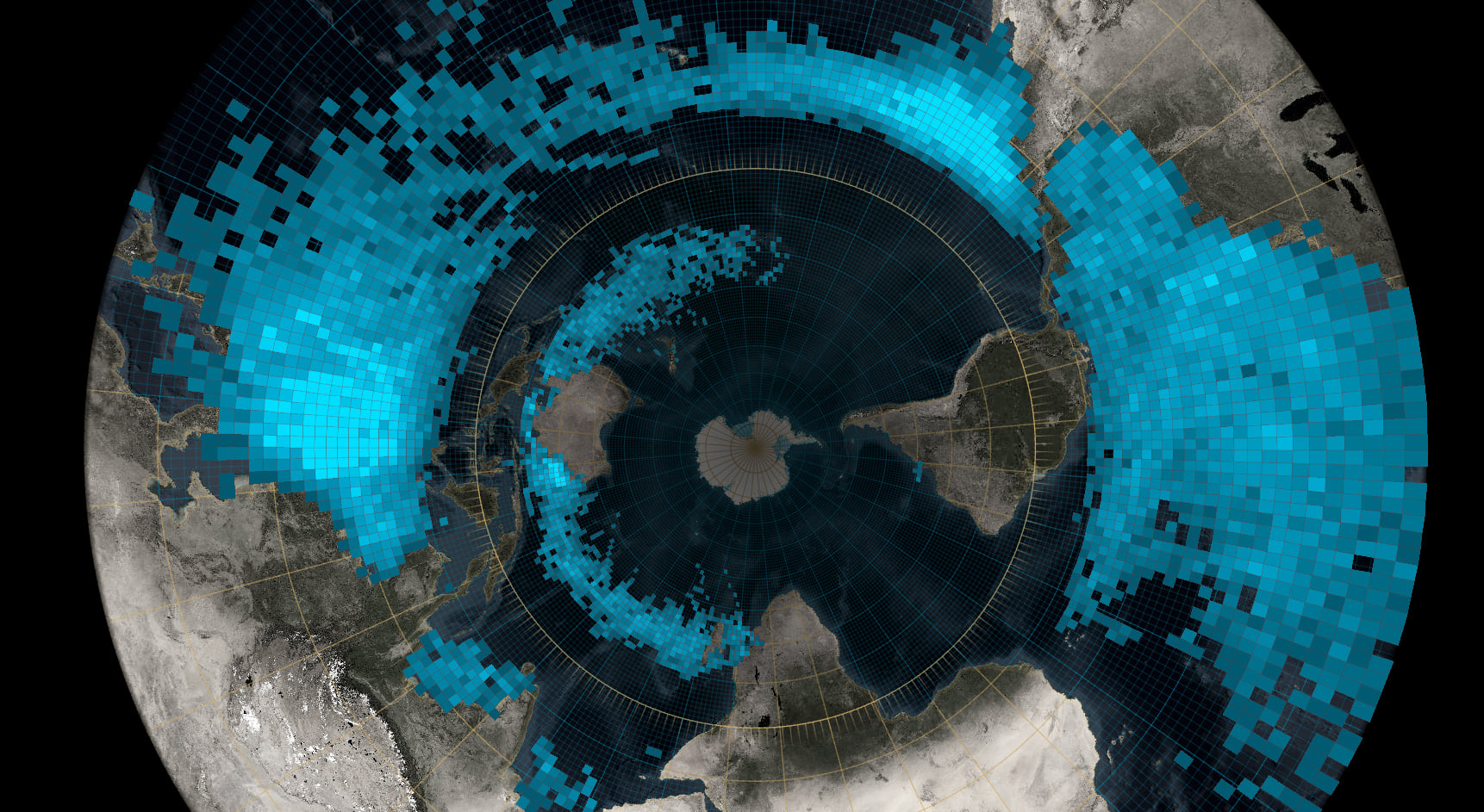 Hurricane locations binned in the South Pole Stereographic projection.
