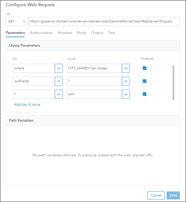 Configure Web Request dialog configured with parameters to query a feature service