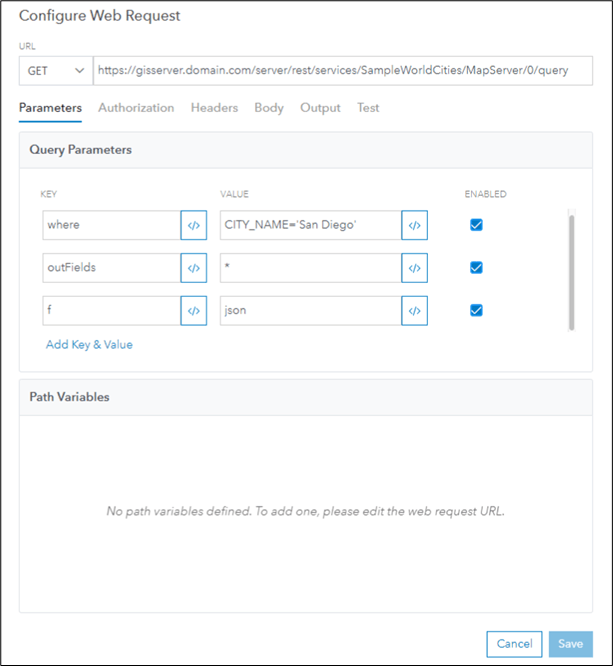 Configure Web Request dialog configured with parameters to query a feature service Configure Web Request dialog configured with parameters to query a feature service
