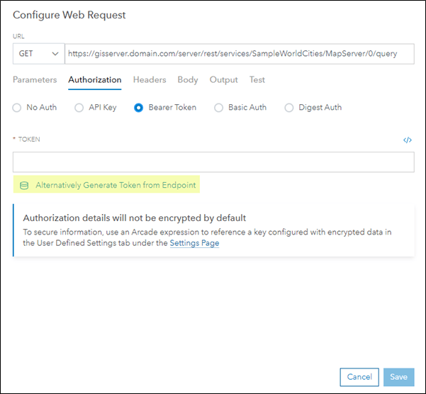 Generate Token from Endpoint option under the Authorization tab in the Configure Web Request dialog