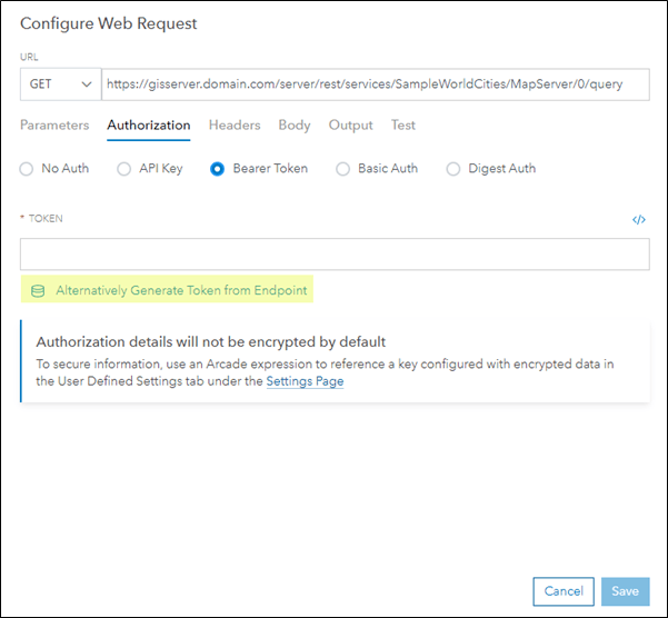 Generate Token from Endpoint option under the Authorization tab in the Configure Web Request dialog Generate Token from Endpoint option under the Authorization tab in the Configure Web Request dialog