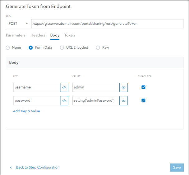 Adding username and password to the request body in the Generate Token from Endpoint dialog