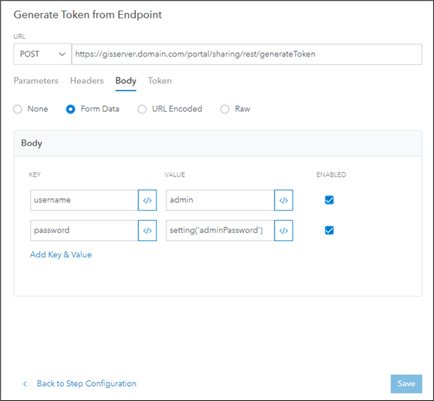 Adding username and password to the request body in the Generate Token from Endpoint dialog Adding username and password to the request body in the Generate Token from Endpoint dialog