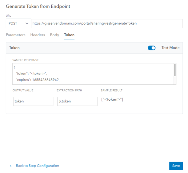 Outvalue and Extraction Path configured in the Test tab of the Generate Token from Endpoint dialog