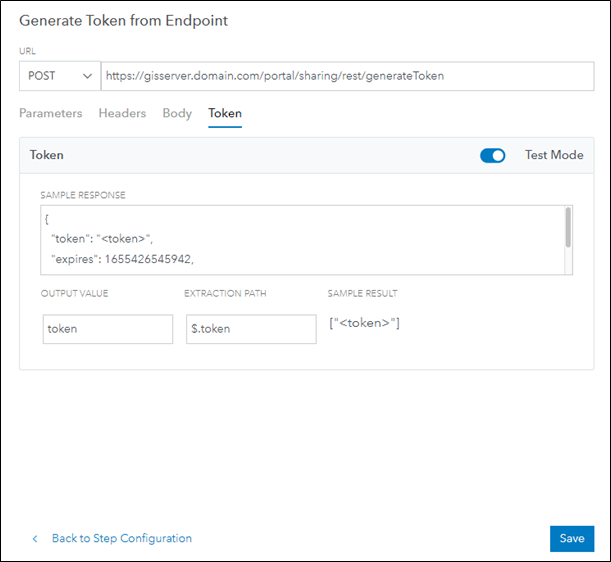 Outvalue and Extraction Path configured in the Test tab of the Generate Token from Endpoint dialog Outvalue and Extraction Path configured in the Test tab of the Generate Token from Endpoint dialog