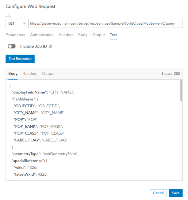 Web request test output in the Test tab of the Configure Web Request dialog