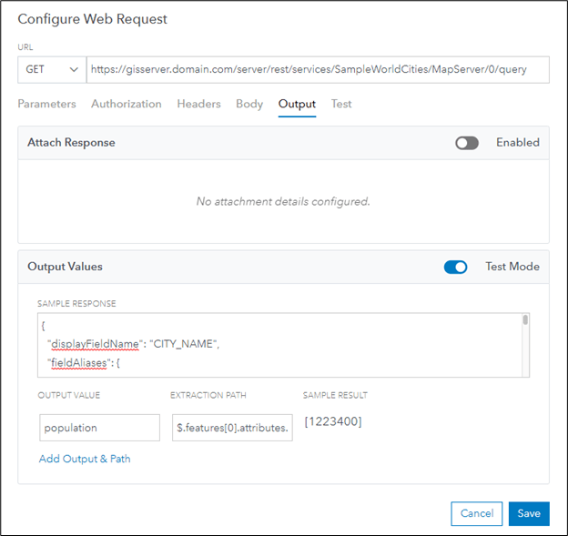 Configuring Output Value and Extraction Path in the Output tab of the Configure Web Request dialog Configuring Output Value and Extraction Path in the Output tab of the Configure Web Request dialog