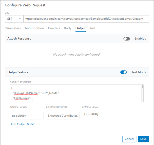 Configuring Output Value and Extraction Path in the Output tab of the Configure Web Request dialog