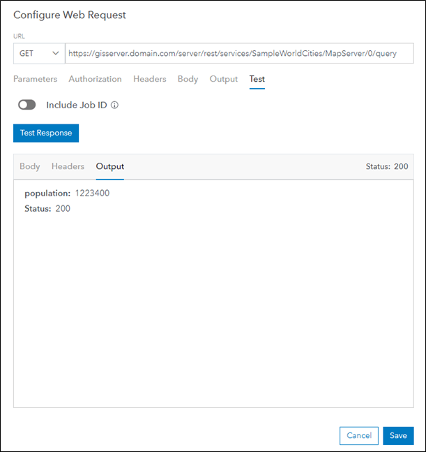 Output values appearing in the Test tab of the Configure Web Request dialog Output values appearing in the Test tab of the Configure Web Request dialog