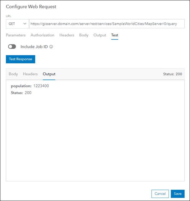 Output values appearing in the Test tab of the Configure Web Request dialog