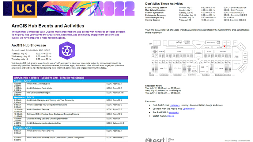 Screenshot of schedule of ArcGIS Hub sessions and events at the Esri User Conference 2022