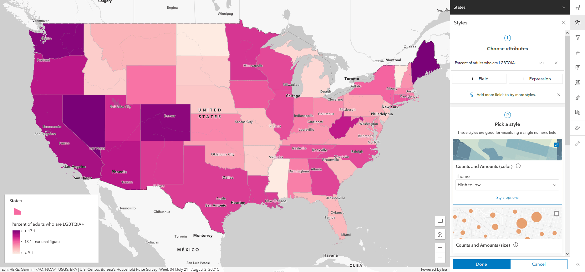 A thematic map showing percent of LGBTQIA+ adults by state