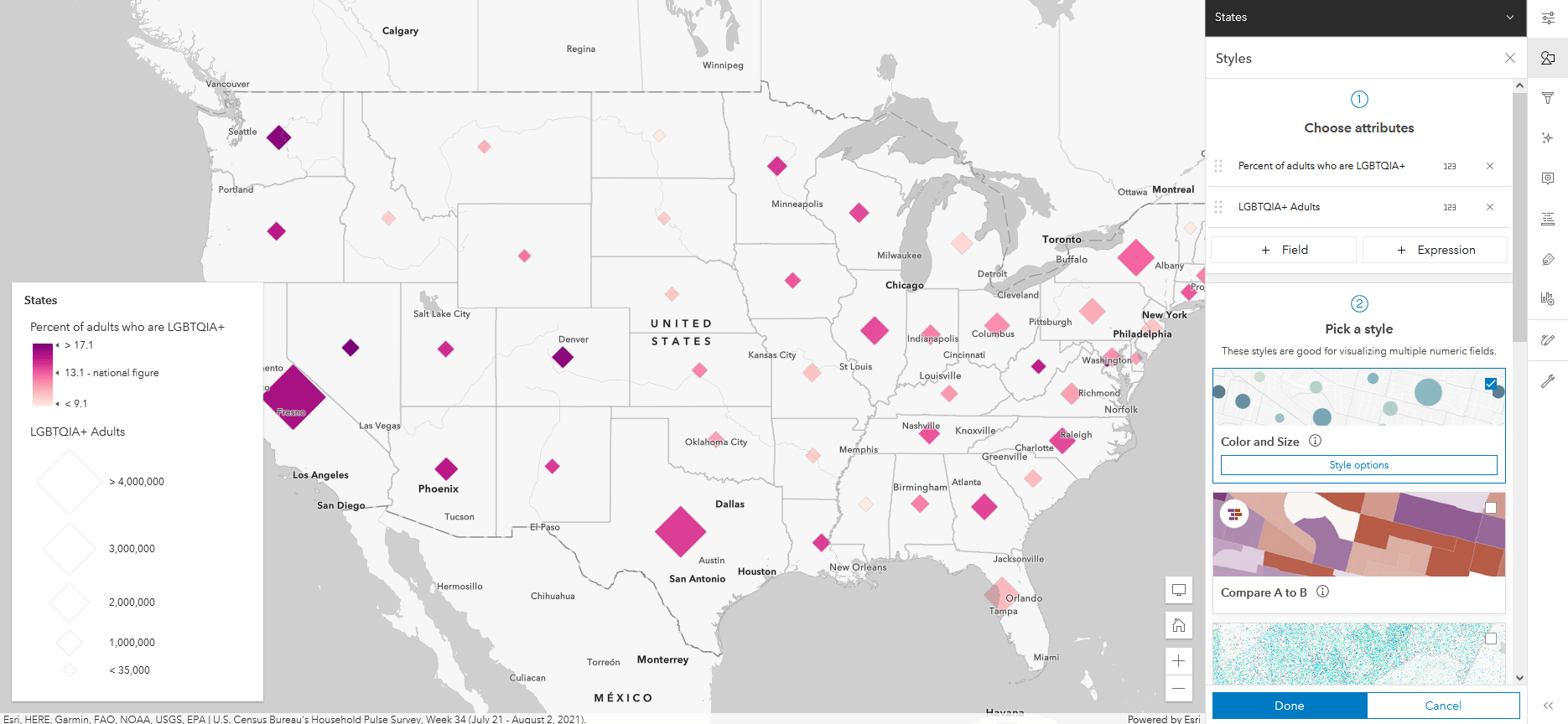 A thematic map showing counts and percent of LGBTQIA+ adults by state