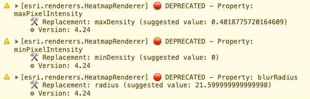 When you update to 4.24 version 4.24, HeatmapRenderer will suggest you use the new kernel density properties. The messages provide suggested values to maintain a similar-looking heat map.