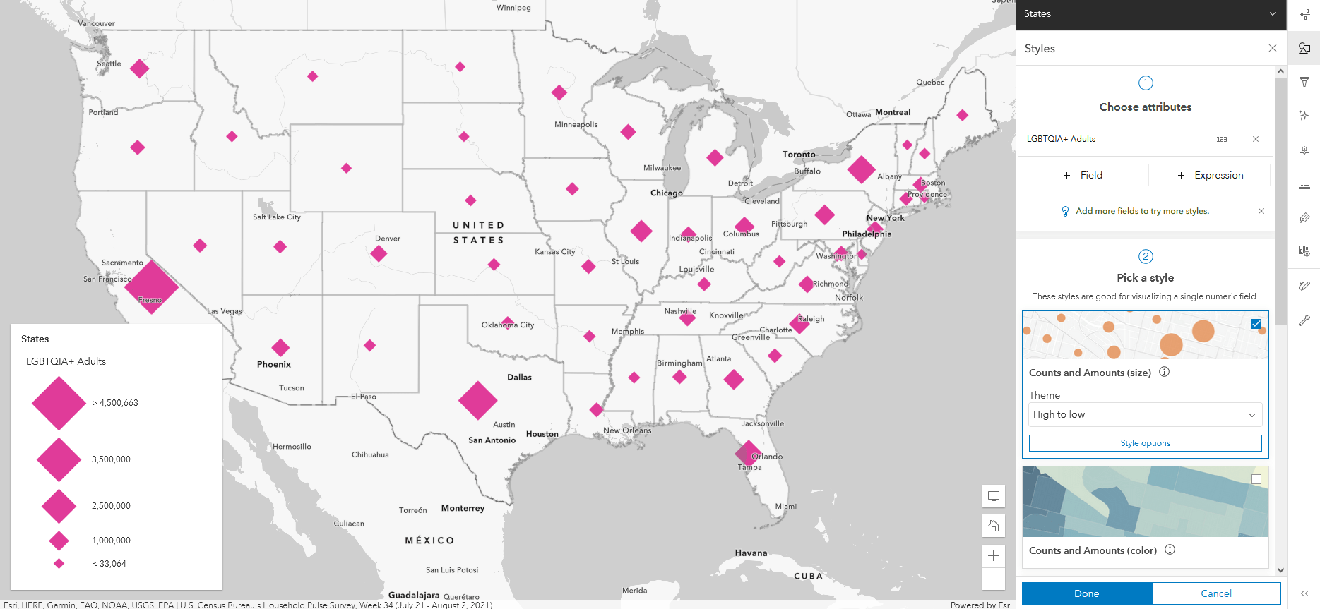 A thematic map showing counts of LGBTQIA+ adults by state