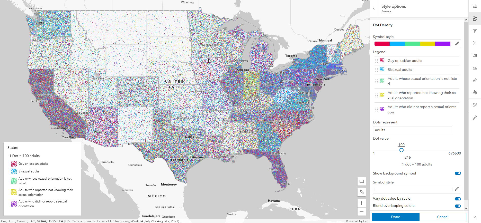 A dot density map showing LGBTQIA+ identities in the United States