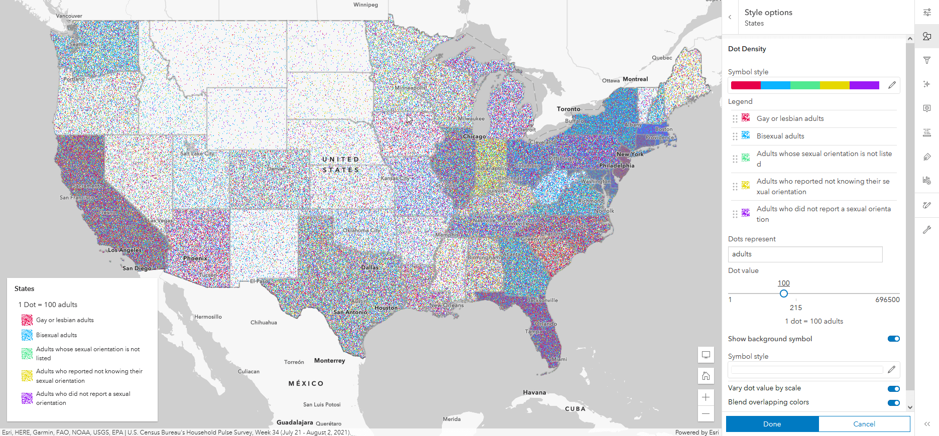 A dot density map showing LGBTQIA+ identities in the United States A dot density map showing LGBTQIA+ identities in the United States